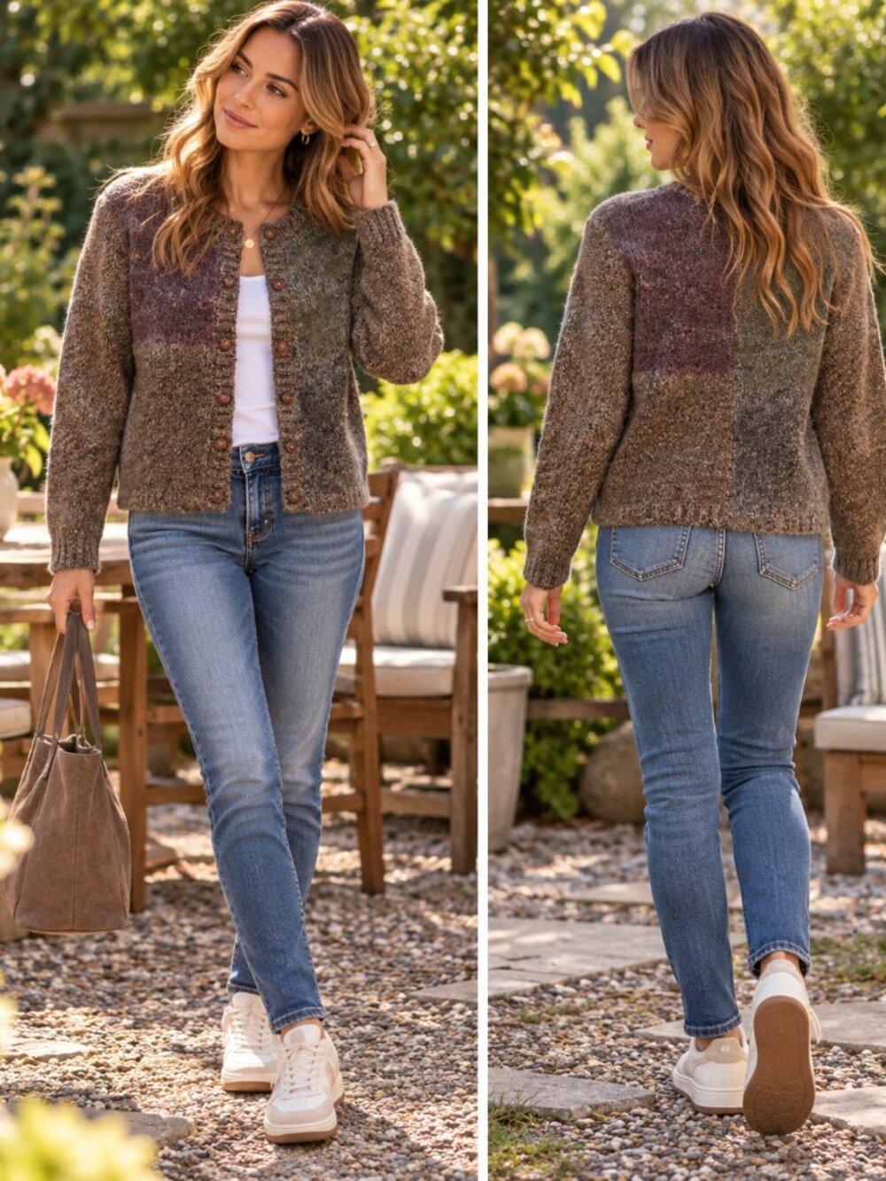 Lise J. Mohair Wool Blend Color Block Cardigan Size M Brown Burgundy